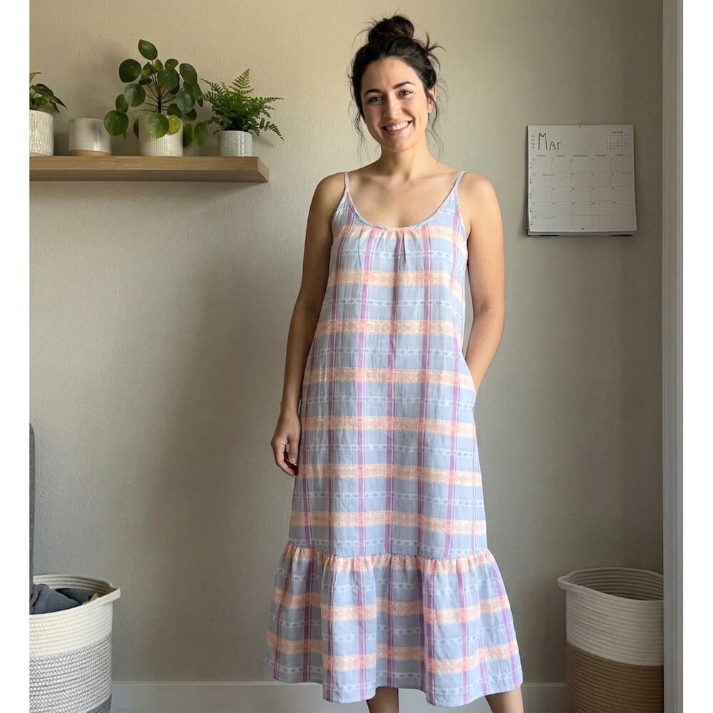 LOFT Midi Dress XS Pastel Plaid Sleeveless Shift Ruffle Spring Embroidered